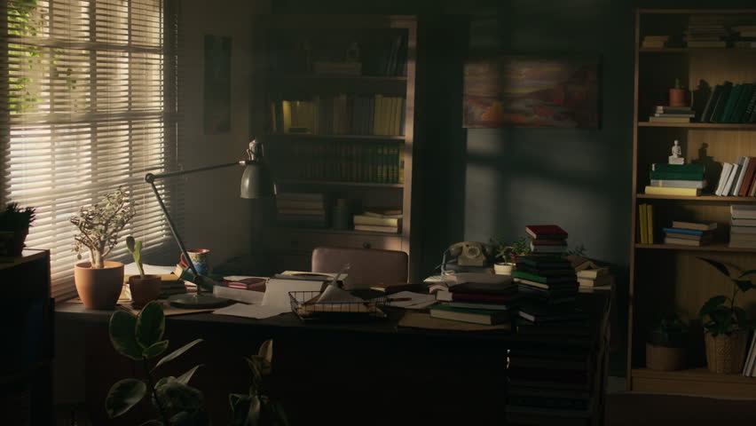 No people shot of cluttered writers study with vintage typewriter and lots of books on dek by window