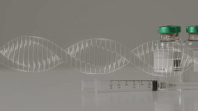 Transparent 3D DNA helix emerging drifting across vials and syringe showing medical research. Molecular, scientific, futuristic, innovation, healthcare, technology, laboratory - Powered by Shutterstock - Get 15% off with code: PIKWIZARD15