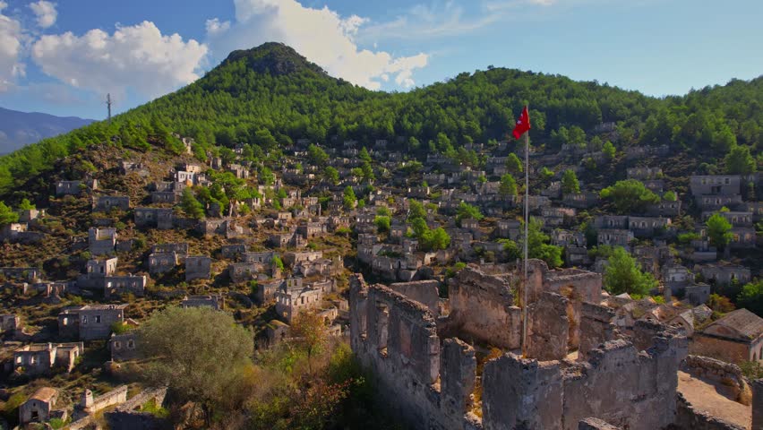 Ancient city of stone lycian Greek village of Kayakoy, Fethiye Turkey Aerial top view.