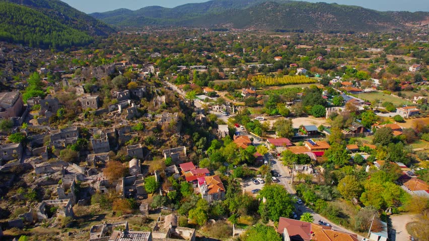 Ancient city of stone lycian Greek village of Kayakoy, Fethiye Turkey Aerial top view.
