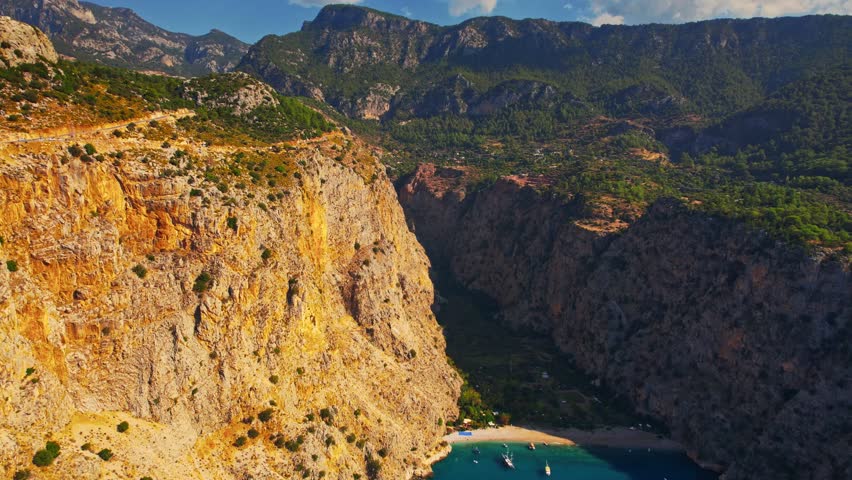 Aerial view Butterfly Valley beach and blue sea in Fethiye, Turkey.