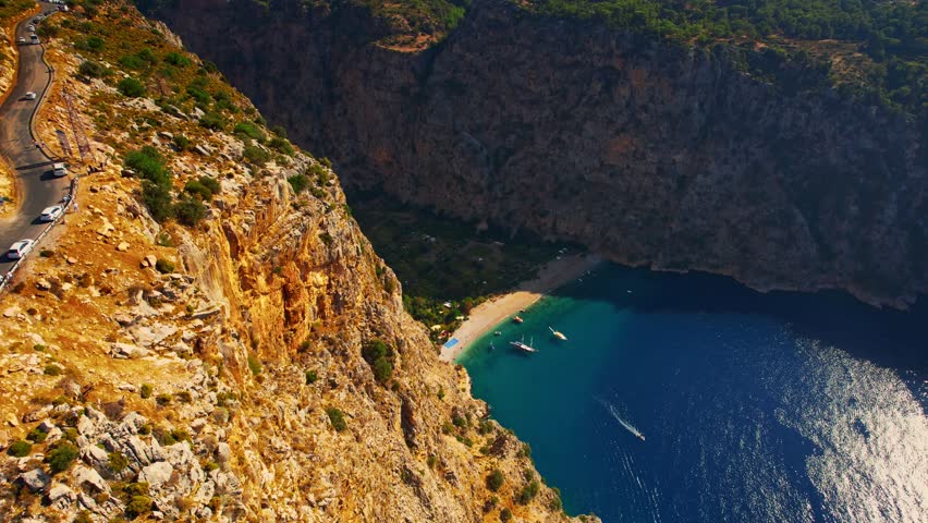 Butterfly Valley beach and blue sea in Fethiye, Turkey Aerial view.