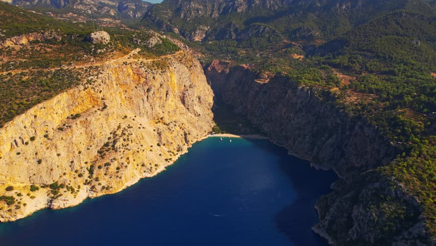 Aerial view Butterfly Valley beach and blue sea in Fethiye, Turkey.