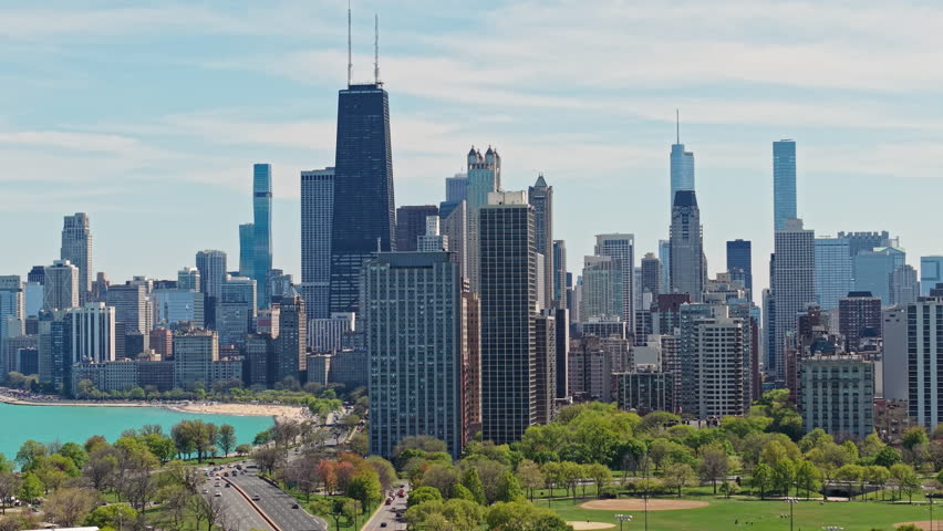 Chicago USA Downtown Towers, Aerial View of Lake Shore Drive and Lincoln Park on Sunny Spring Day