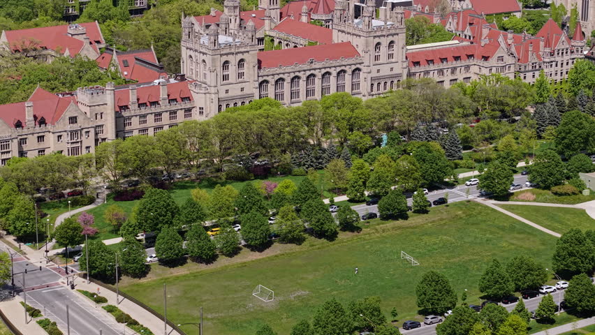 University of Chicago, Illinois USA, Drone Shot of Campus Buildings, Halls and Towers on Sunny Day