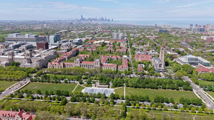 Drone Shot, University of Chicago Campus, Historic Buildings and Halls on Sunny Day, Illinois USA