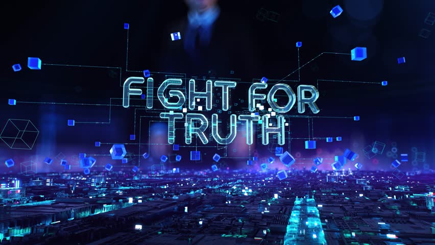 Fight for truth- businessman working with virtual reality at office.