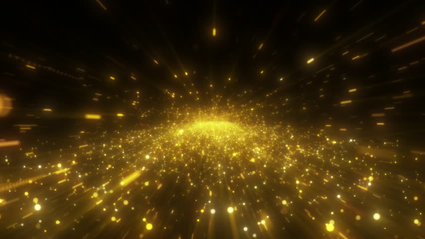 4k 3D animation of a golden light tunnel with sparkling particles flowing towards the camera. Perfect for luxury, New Year, celebration, and elegant event backgrounds.