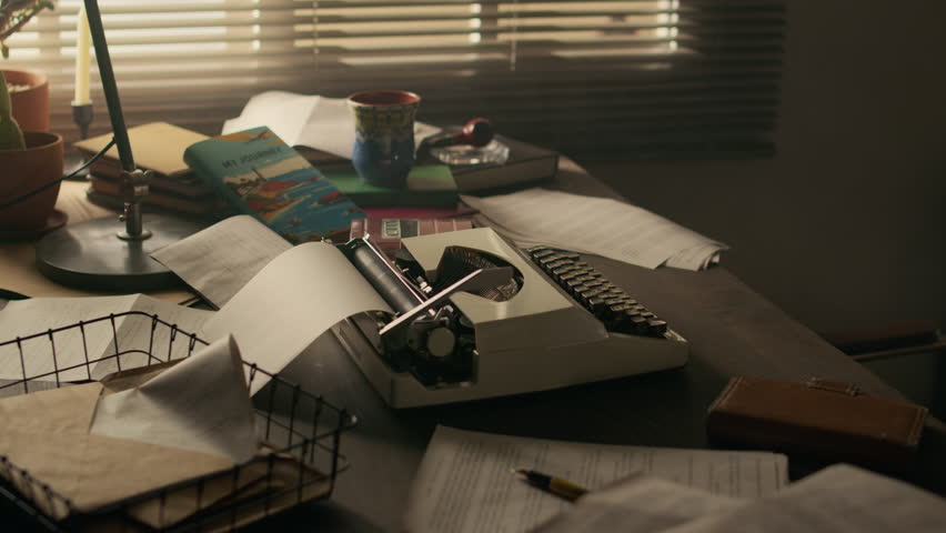 No people shot of cluttered desk of creative writer with vintage typewriter and scattered manuscript pages in study room by window