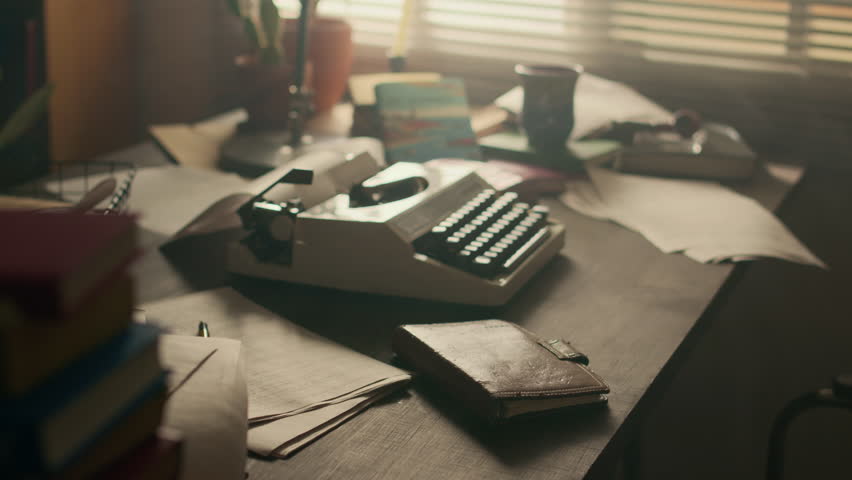 No people shot of cluttered desk of creative writer with vintage typewriter, scattered manuscript pages, books and coffee cup in study room by window