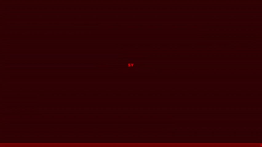 Red-tinted HUD with system boot sequence, data readouts, and target scanning boxes identifying threats. Includes scanlines, glitches, and a running data ticker. A classic cyborg view.