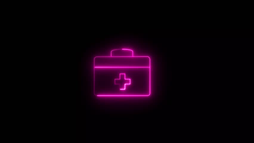 Glowing First Aid Kit Icon. emergency health care medical bag icon animation on black background. neon medical bag icon.