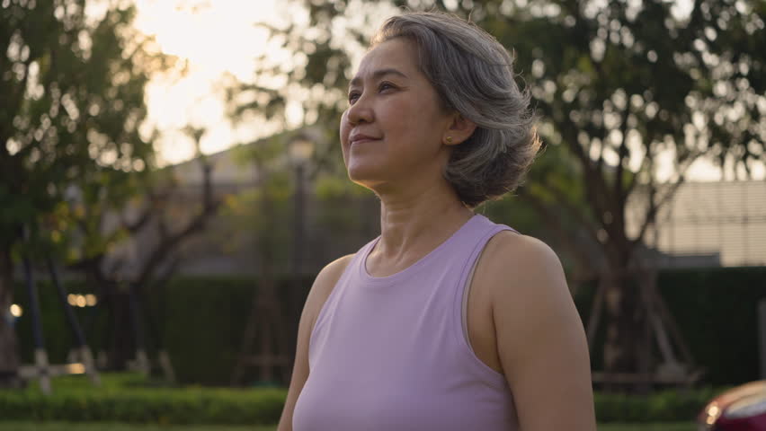 Asia adult aged people middle age mindful happy old woman body pose zen calm stress relief green nature self love relax elder anti aging life asian female mental health care. DNA gene modern medical.