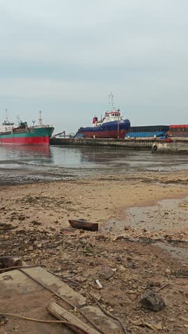 Two large cargo ships—one red and green, the other blue and red—are docked side by side at a coastal pier.