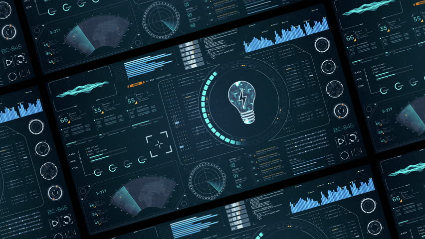 Motion graphic of Blue digital lamp logo with head up display (HUD UI) panel and futuristic technology abstract background lightbulb and ideas concept video concepts