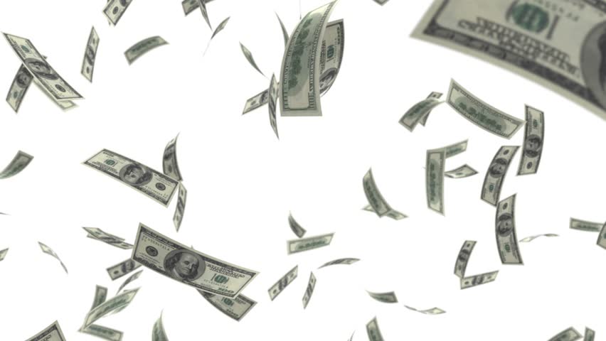 One hundred-dollar bills falling on a white background. Slowmotion 3D animation UHD	