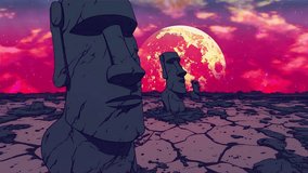 Multiple Moai statues on cracked ground under glowing full moon and colorful sky. Surreal fantasy landscape with ancient stone heads and dramatic twilight clouds - Powered by Shutterstock - Get 15% off with code: PIKWIZARD15
