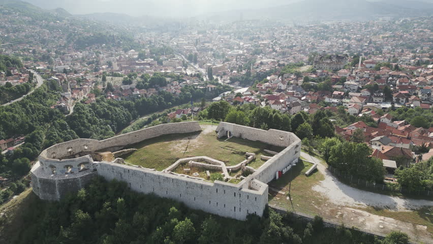 Aerial view of the White fort, a medieval stone fortification overlooking the city of Sarajevo