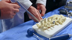 Demonstration of the neurosurgical operation with the usage of modern metal tools. Close up. Instrument is applied to the spine model to cut off the pieces. - Powered by Shutterstock - Get 15% off with code: PIKWIZARD15
