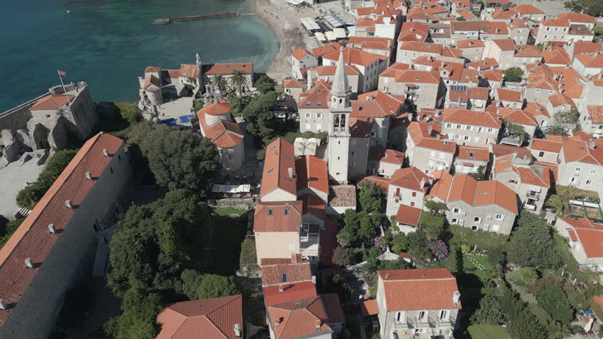 Aerial perspective of old town Budva in Montenegro