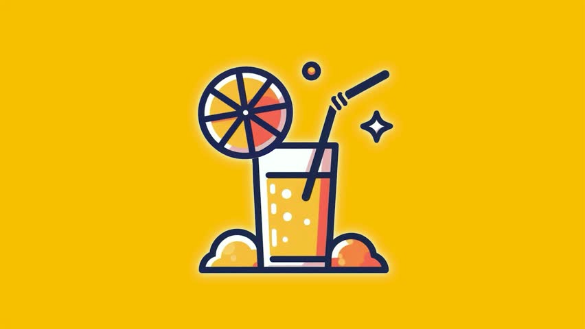 Enjoy this 2D looping animation of fresh orange juice, ideal for beverage promotions and animated content.