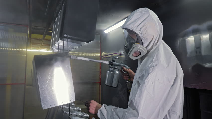 Industrial Powder Coating Process in Action, Worker in Full Gear Sprays Metal Panels Evenly
