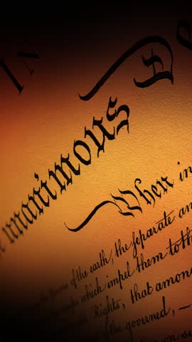 Dramatic USA Declaration - Iconic Historical Page Text Passing Vertical Screen - Close Up Pan - VII - Realistic artistic cinematic 3D animation with burning flame reflection effect