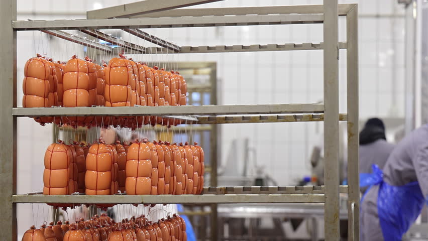 Sausage Production Line in Meat Processing Plant, Smoked products hanging on metal rack in tiled hygienic facility