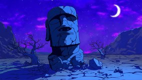 Fantasy animated desert with cracked Moai statue under glowing crescent moon and purple starry sky. Surreal barren landscape with dry trees and distant rocky cliffs - Powered by Shutterstock - Get 15% off with code: PIKWIZARD15