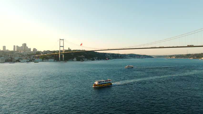Istanbul Bosphorus Bridge(July 15 Martyrs Bridge). Aerial view of the Bosphorus Bridge with drone on a cloudy day. Unique view of Istanbul. Turkiye.