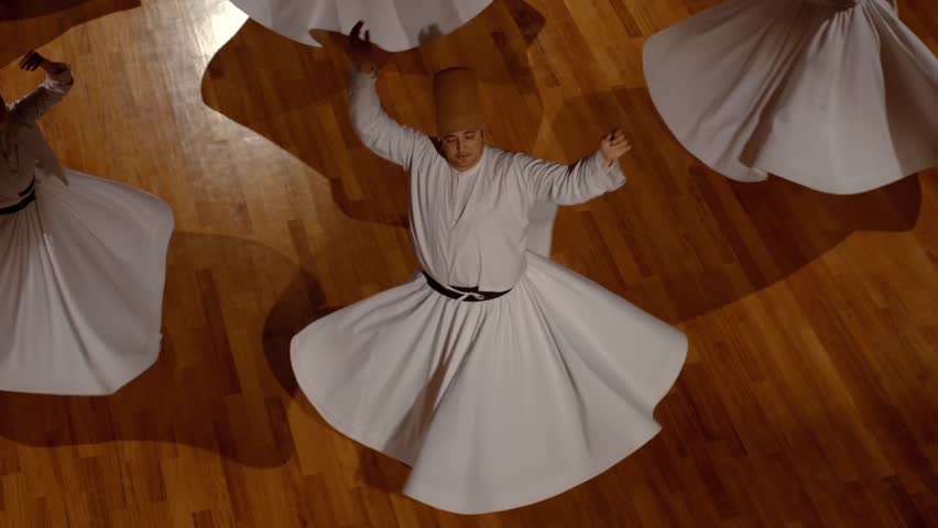 Aerial View of Whirling Semazens Performing Sufi Ritual Dance on Wooden Floor