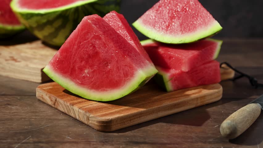 Slices of fresh watermelon on bright rustic wooden table