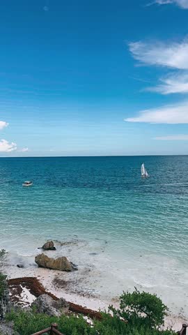 Coastal view of Ocean In Cancun mexico with view of Boats 