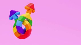 A colorful 3D animation features a rotating male gender symbol built from rainbow blocks, spinning smoothly against a bright pink background, symbolizing diversity, identity, and LGBTQ+ pride. - Powered by Shutterstock - Get 15% off with code: PIKWIZARD15