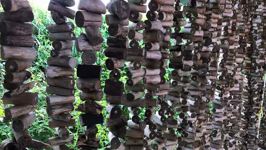 A decorative curtain made from dried tree branches, artistically arranged to create a natural and rustic look. This handmade piece adds a touch of organic charm and earthy texture to any space.