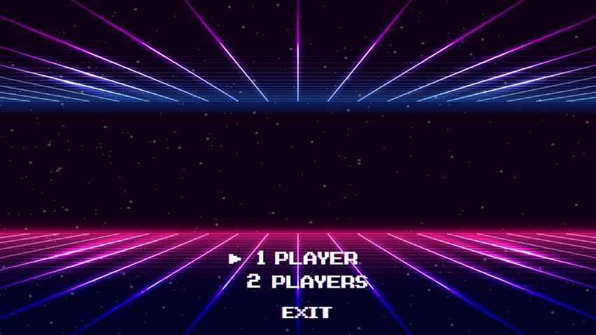 START NEW GAME play .Synthwave wireframe net illustration. pixel art .8 bit game. retro game. for game assets .Retro Futurism Sci-Fi Background. glowing neon grid. and stars.