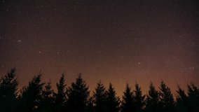Magical starry night sky over pine tree forest. Timelapse of glittering stars and violet aurora borealis colors appearing above fir tree forest silhouettes. - Powered by Shutterstock - Get 15% off with code: PIKWIZARD15