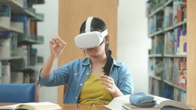 A woman uses a VR headset, immersed in a virtual experience while sitting in a library. Her gestures show engagement and interaction with the virtual environment. - Powered by Shutterstock - Get 15% off with code: PIKWIZARD15