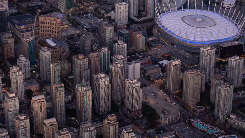 Aerial View Of Vancouver City Skyline And Downtown Buildings From An Airplane In British Columbia, Canada. Image Animated using Gaussian Splatting 3d
