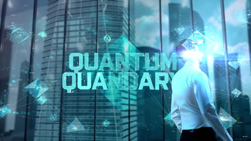 Quantum quandary. Businessman Working in Office among Skyscrapers. Hologram Concept