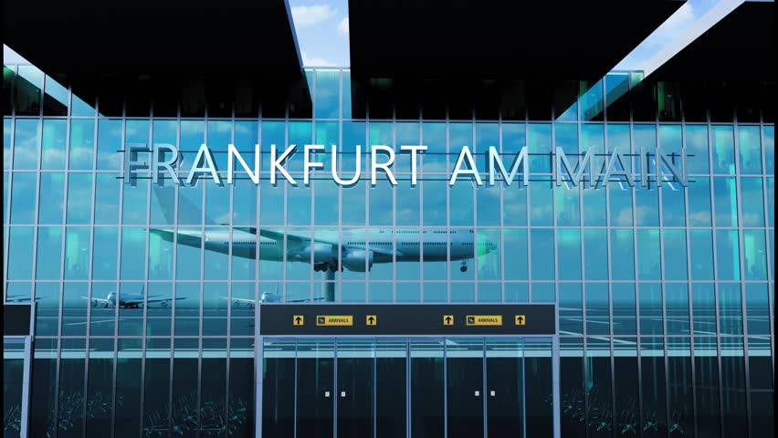 Airlane landing at Frankfurt am Main. Arrival in the city with reflection of airport and aircraft