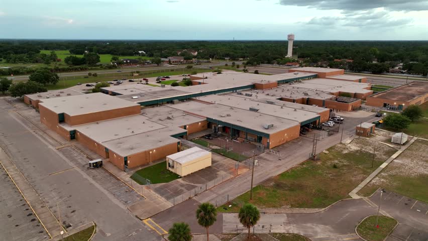 American company warehouse with garages and traffic on interstete highway of Brandon, Florida. Aerial rising wide shot. Sunny summer day. Forest landscape with green trees. Water tower in background.