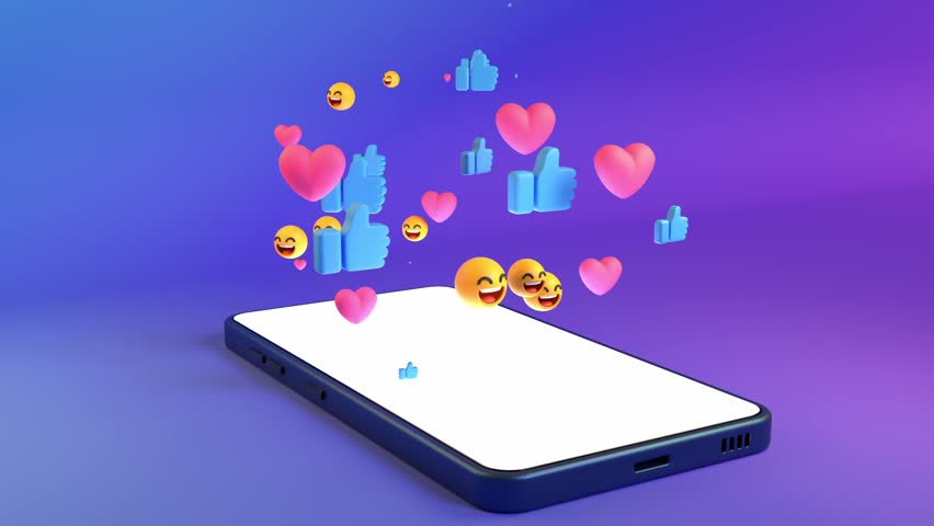 Phone reaction icons burst 3D animation can be used in social media ads, app livestream backgrounds or influencer intros