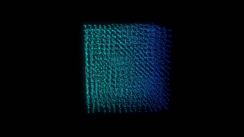 Self-assembling point cloud cube 3D animation can be used in engineering intros and modular-design promos or in data dashboards AI presentations