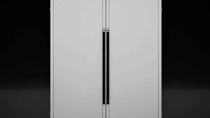 3d rendering close up empty side by side fridge with glass doors open 4k footage