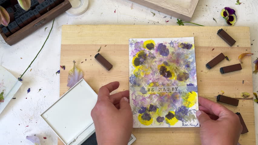 Floral print card with stamped text "Be Happy" – handmade botanical art with flower pigments, ink pad, wooden letters, and natural decor, top view