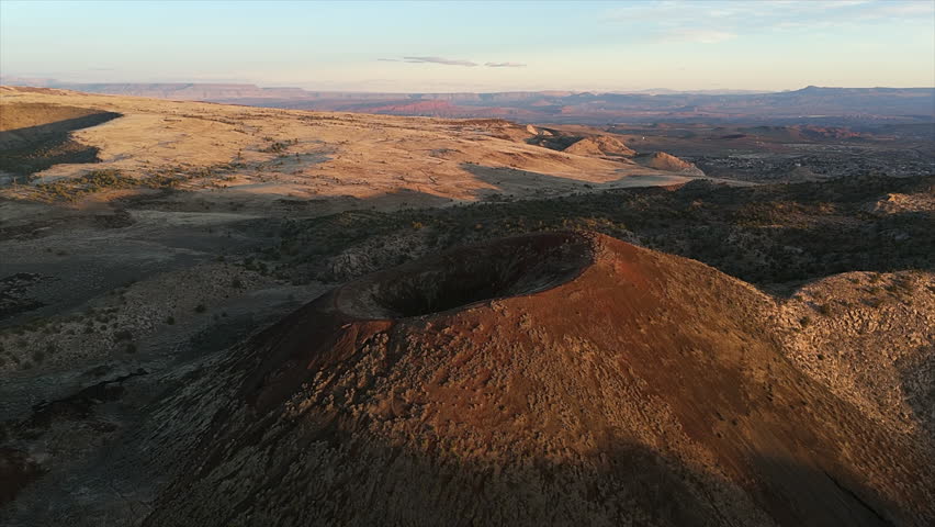 Above View Of Volcanic Crater At Sunset. Aerial Shot
