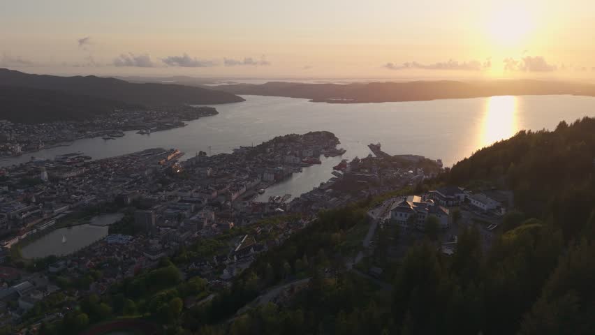 Aerial View Of Bergen City At Sunset In Vestland County On The West Coast Of Norway.