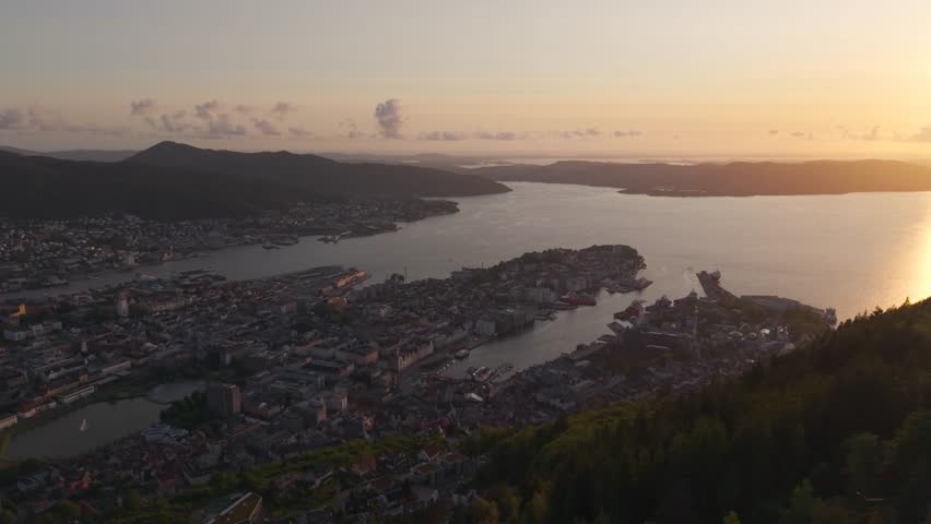 Famous Large City Of Bergen At Sunset On The West Coast Of Norway. Aerial Shot