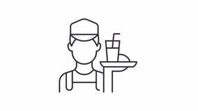 Waiter line animation. Restaurant service animated icon. Shaking head, drink. Moving hand. Professional worker, employee. Outline element on white background. HD video with alpha channel - Powered by Shutterstock - Get 15% off with code: PIKWIZARD15